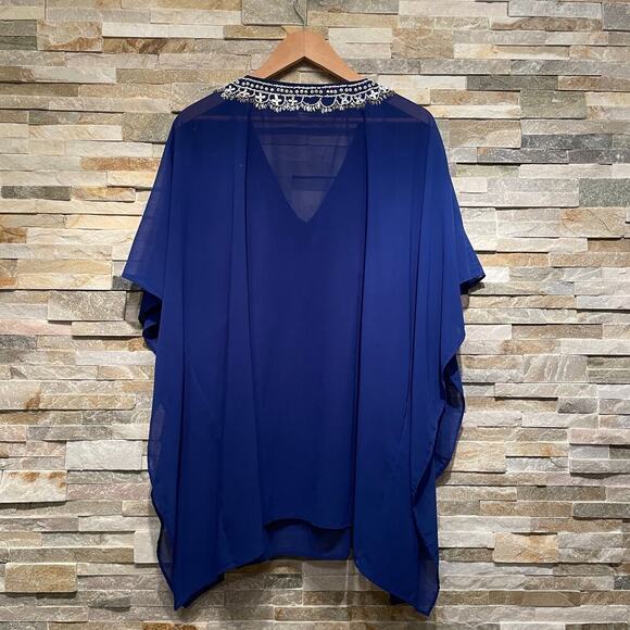 Chico’s Beaded Kaftan Top Coverup S/M | Sheer Blue Resortwear, Embellished Boho - Picture 2 of 8